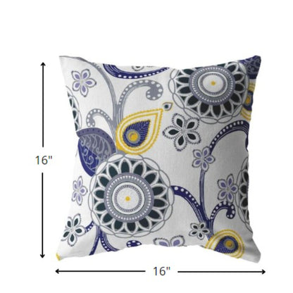 16” Navy White Floral Indoor Outdoor Throw Pillow