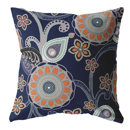 16” Indigo Orange Floral Indoor Outdoor Throw Pillow