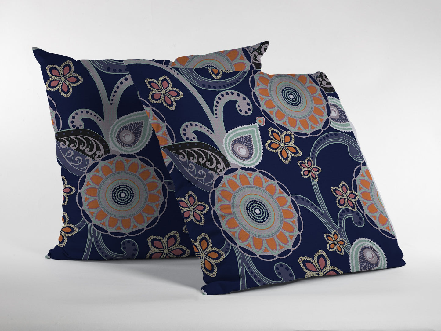 16” Indigo Orange Floral Indoor Outdoor Throw Pillow