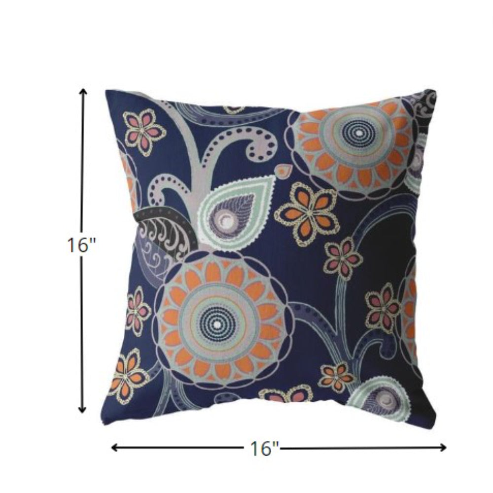 16” Indigo Orange Floral Indoor Outdoor Throw Pillow