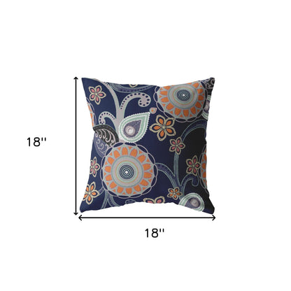 18” Indigo Orange Floral Indoor Outdoor Throw Pillow