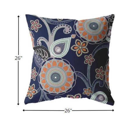 18” Indigo Orange Floral Indoor Outdoor Throw Pillow