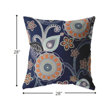 18” Indigo Orange Floral Indoor Outdoor Throw Pillow