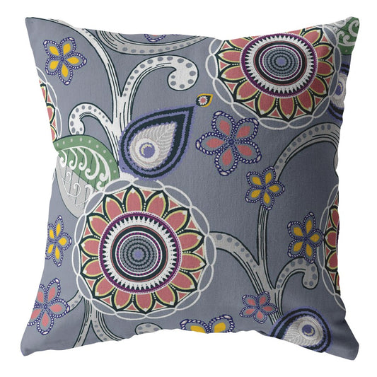 16” Gray Pink Floral Indoor Outdoor Throw Pillow