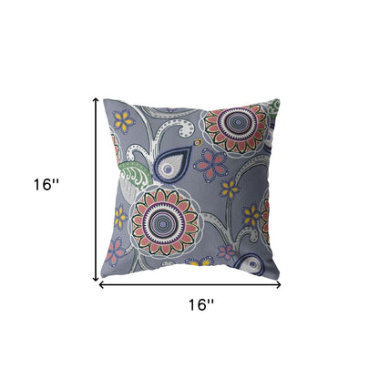 16” Gray Pink Floral Indoor Outdoor Throw Pillow