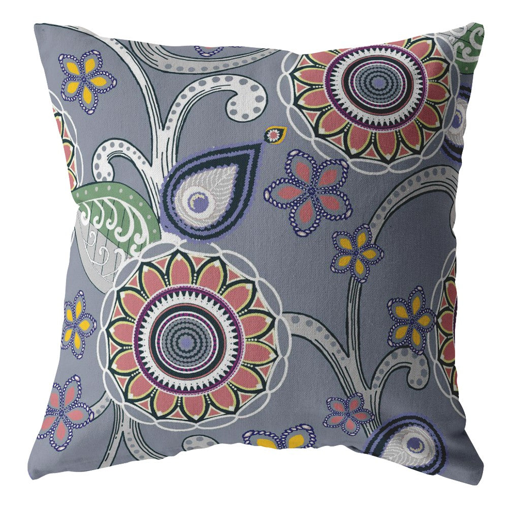 18” Gray Pink Floral Indoor Outdoor Throw Pillow