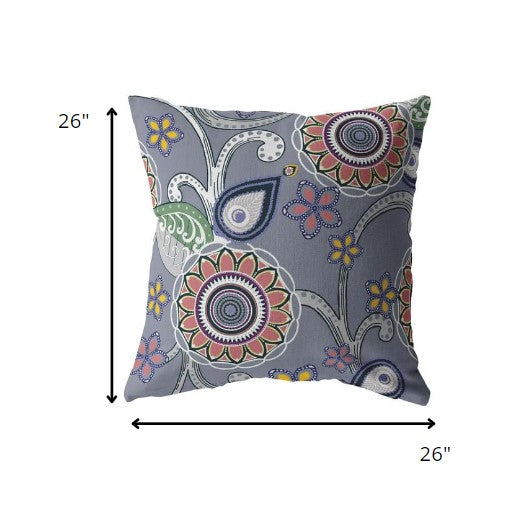 18” Gray Pink Floral Indoor Outdoor Throw Pillow