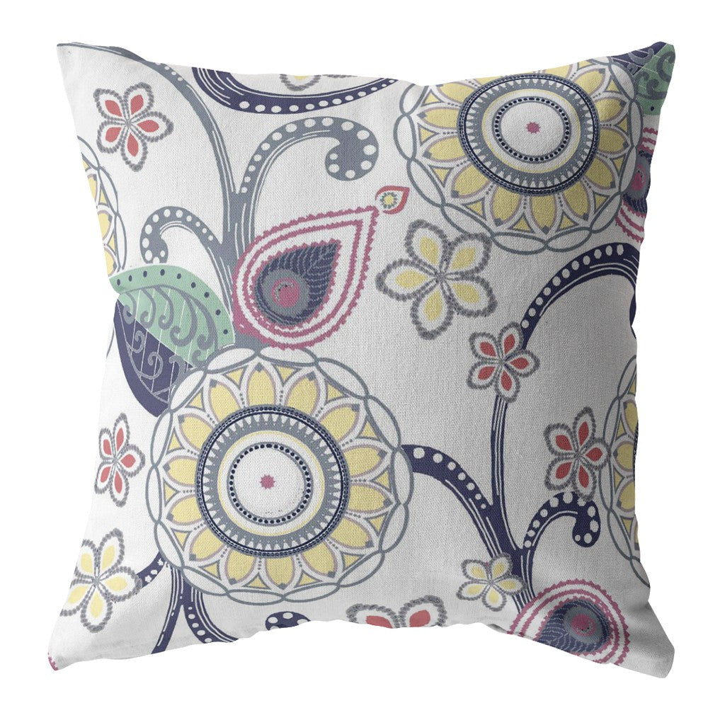 16” White Yellow Floral Indoor Outdoor Throw Pillow