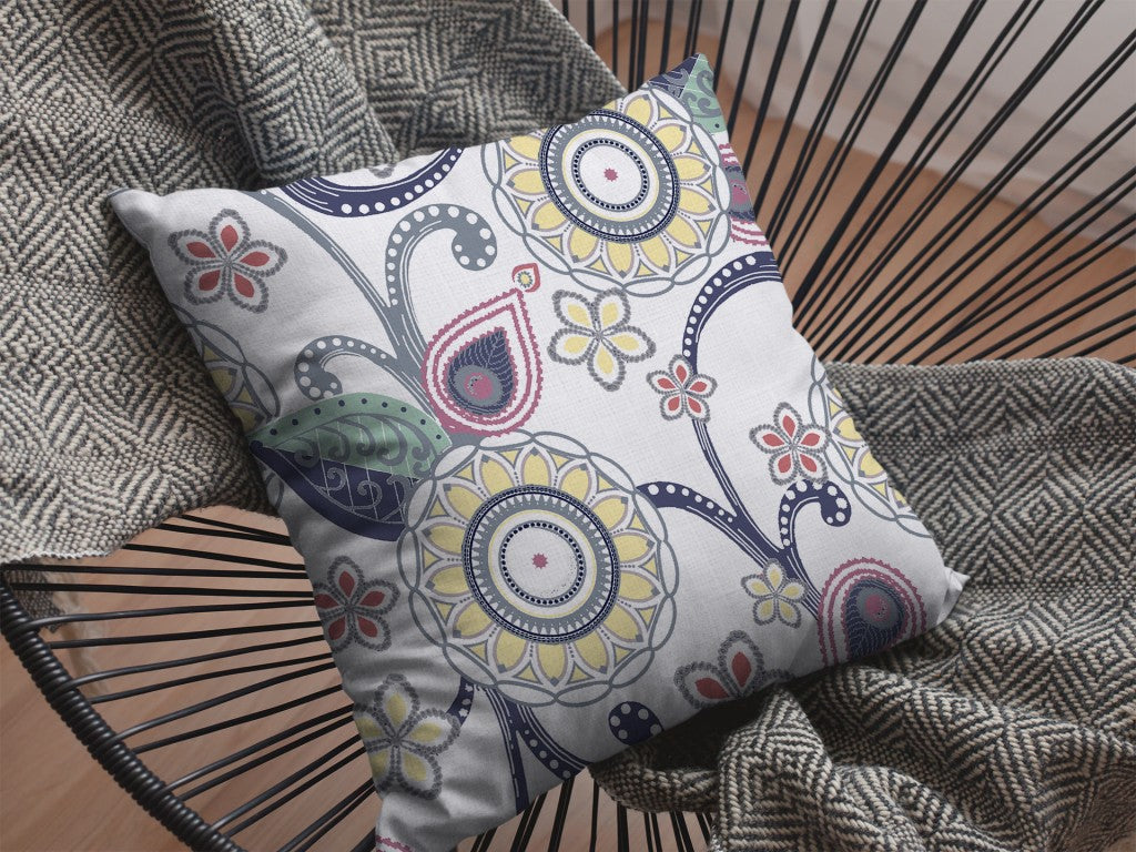 16” White Yellow Floral Indoor Outdoor Throw Pillow