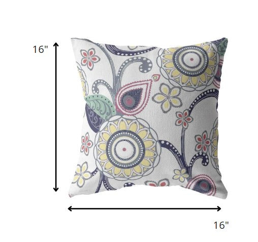 16” White Yellow Floral Indoor Outdoor Throw Pillow