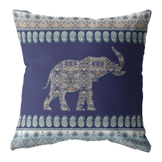 16” Navy Ornate Elephant Indoor Outdoor Throw Pillow