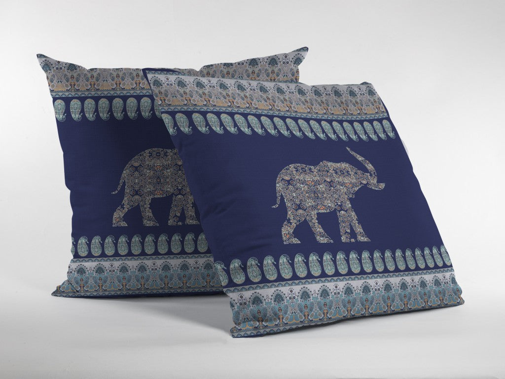 16” Navy Ornate Elephant Indoor Outdoor Throw Pillow