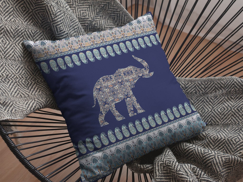 16” Navy Ornate Elephant Indoor Outdoor Throw Pillow