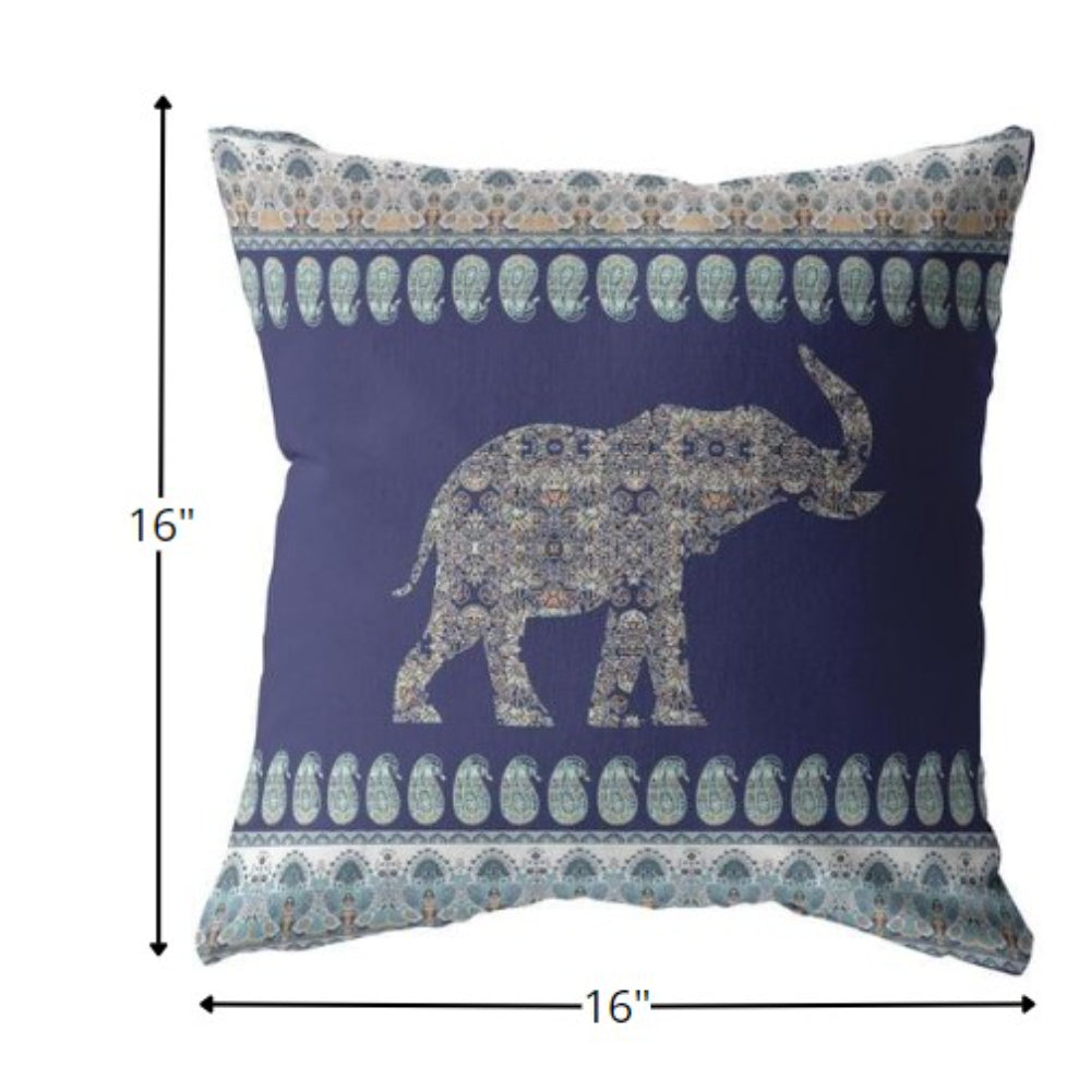 16” Navy Ornate Elephant Indoor Outdoor Throw Pillow