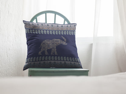 18” Navy Ornate Elephant Indoor Outdoor Throw Pillow