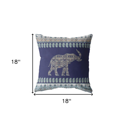 18” Navy Ornate Elephant Indoor Outdoor Throw Pillow