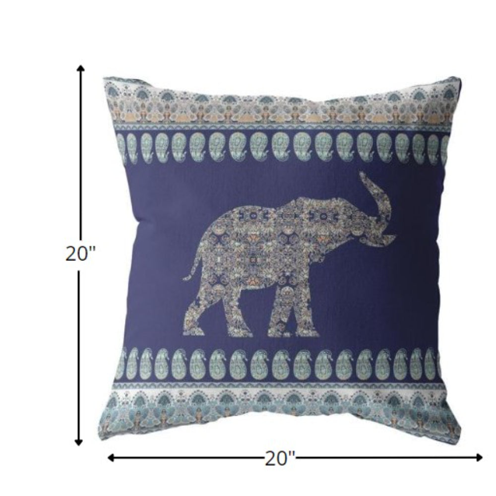 18” Navy Ornate Elephant Indoor Outdoor Throw Pillow