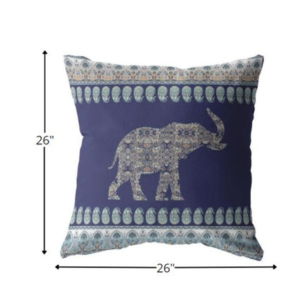 18” Navy Ornate Elephant Indoor Outdoor Throw Pillow