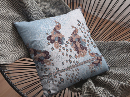 16” Blue Brown Boho Bird Indoor Outdoor Throw Pillow