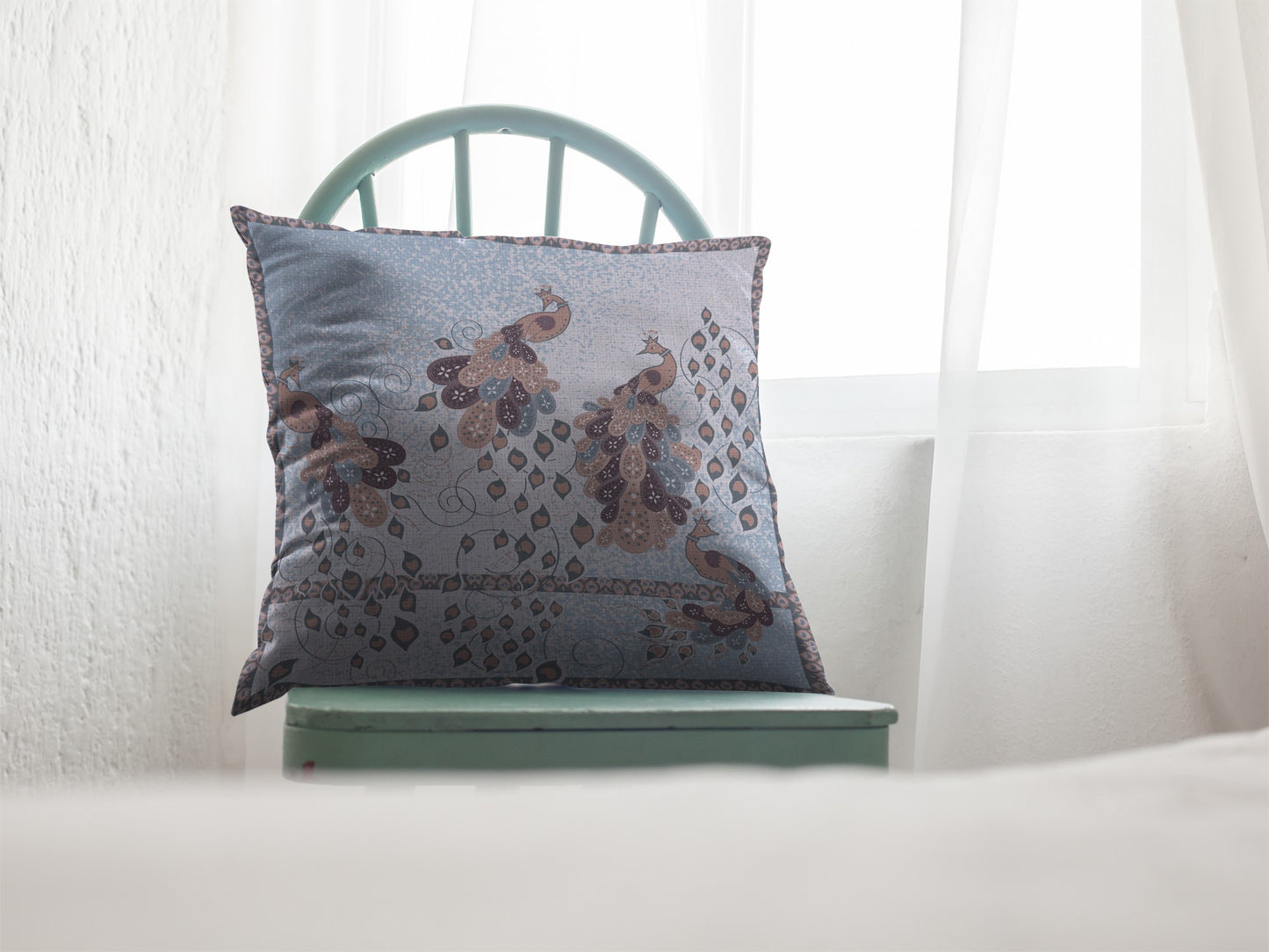 16” Blue Brown Boho Bird Indoor Outdoor Throw Pillow