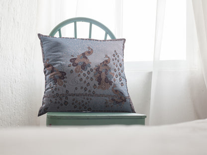 18” Blue Brown Boho Bird Indoor Outdoor Throw Pillow