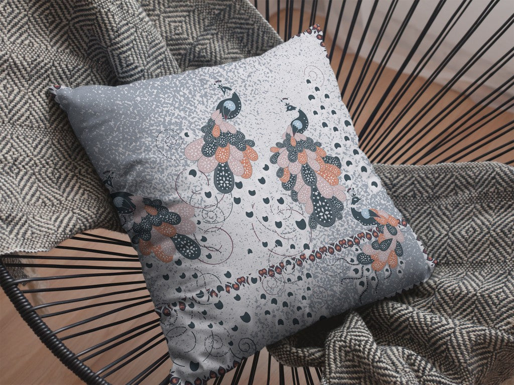 16” Gray Black Boho Bird Indoor Outdoor Throw Pillow