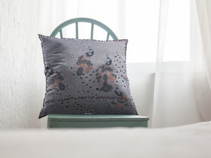 16” Gray Black Boho Bird Indoor Outdoor Throw Pillow