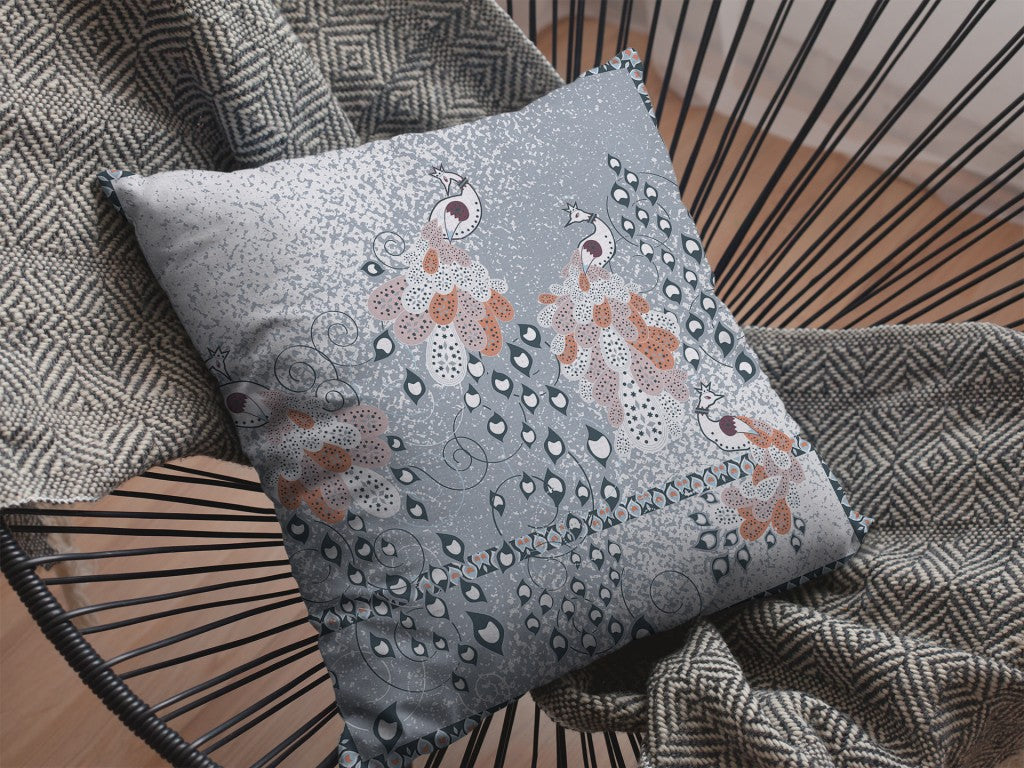 16” Gray Orange Boho Bird Indoor Outdoor Throw Pillow