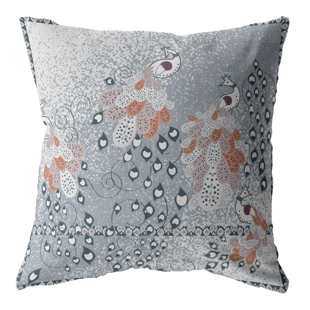 18” Gray Orange Boho Bird Indoor Outdoor Throw Pillow