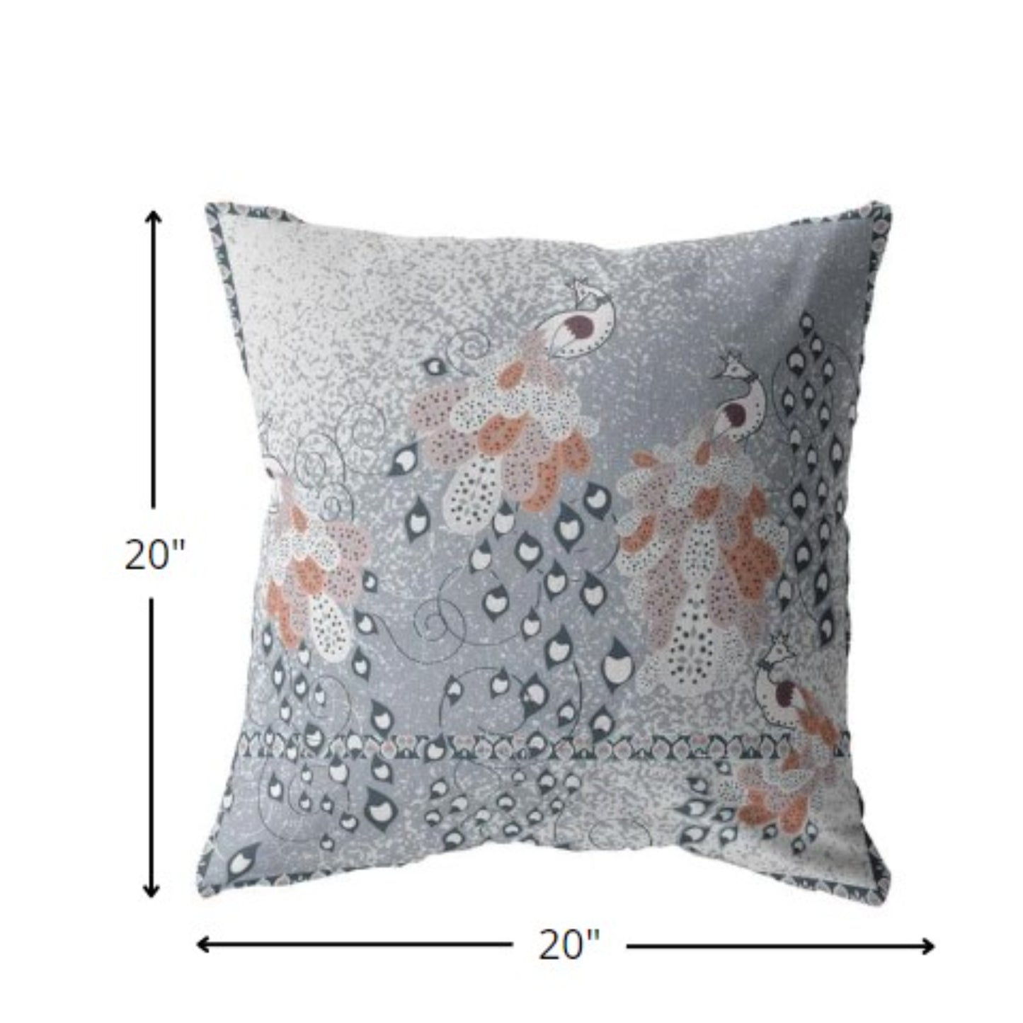 18” Gray Orange Boho Bird Indoor Outdoor Throw Pillow