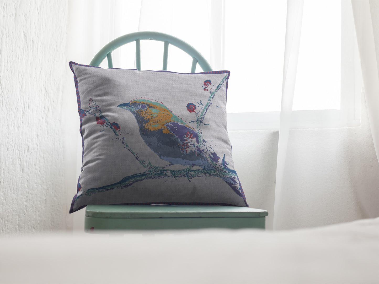 16” Blue White Robin Indoor Outdoor Throw Pillow