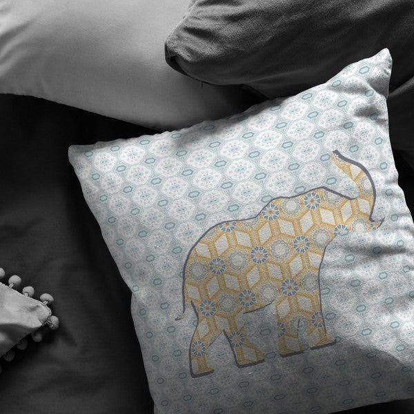 16" Blue Yellow Elephant Indoor Outdoor Throw Pillow