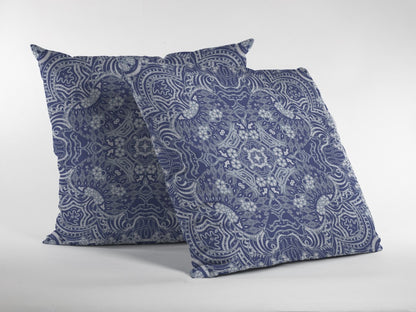 16” Indigo White Boho Ornate Indoor Outdoor Throw Pillow