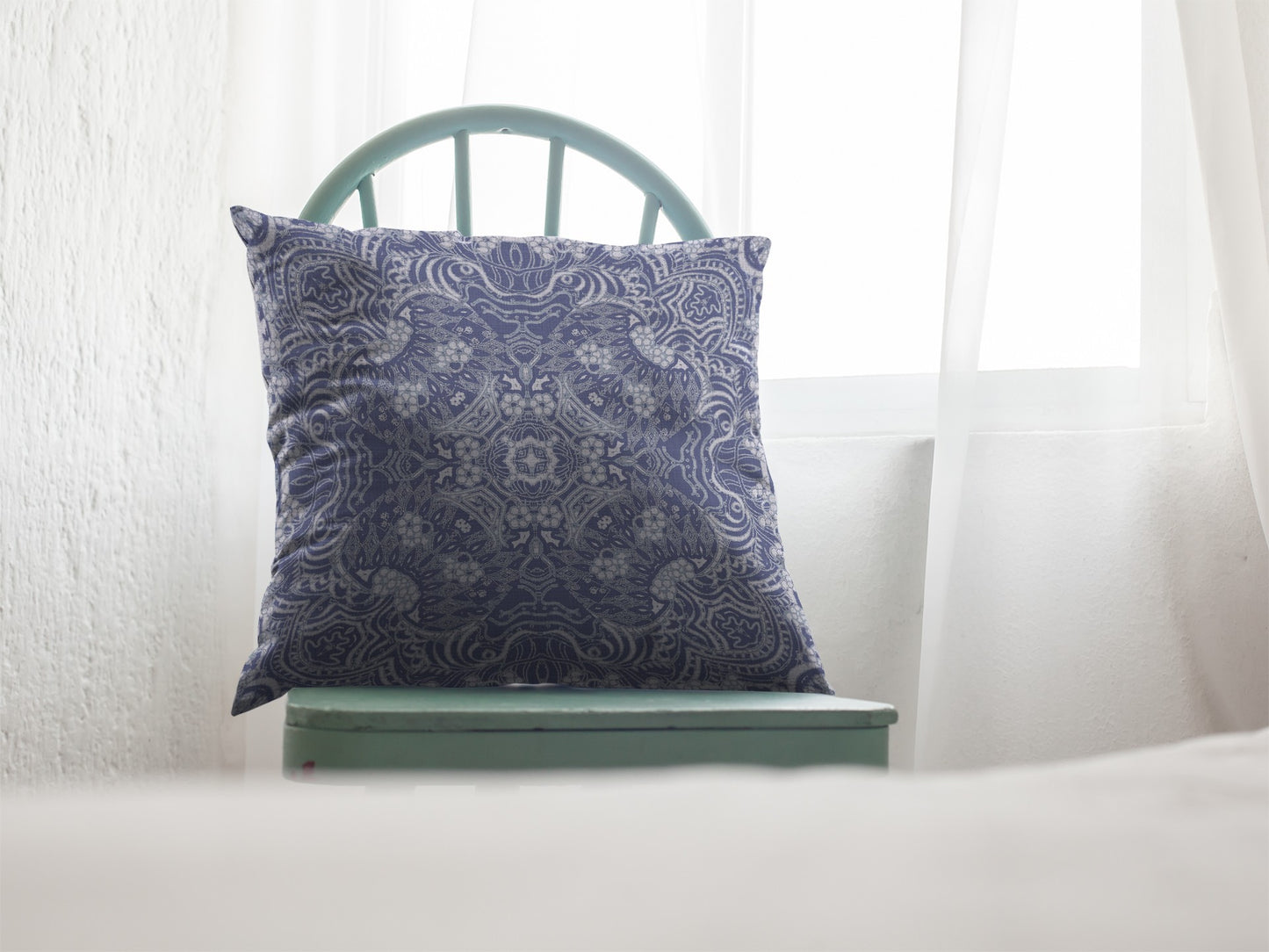 16” Indigo White Boho Ornate Indoor Outdoor Throw Pillow