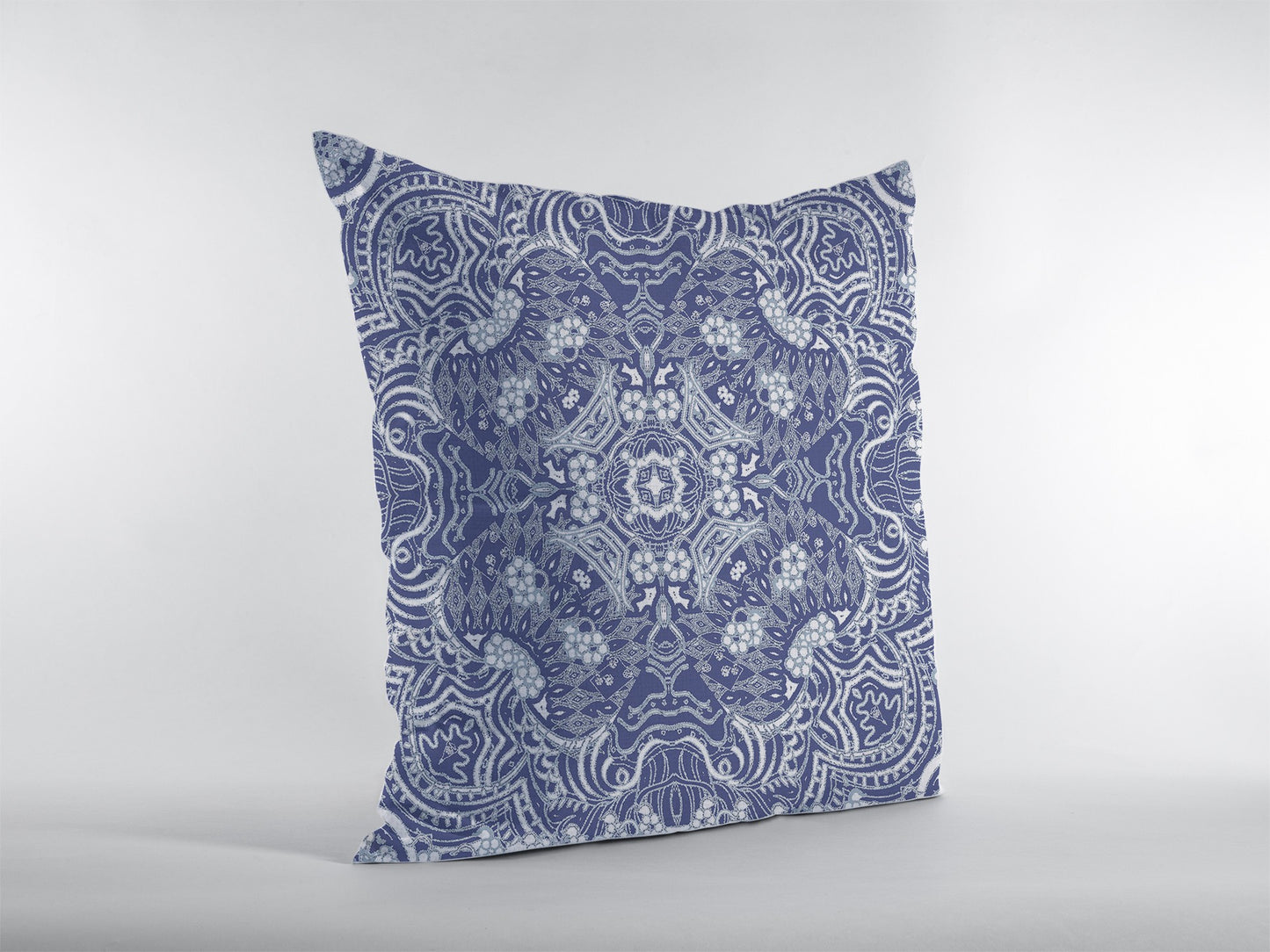 16” Indigo White Boho Ornate Indoor Outdoor Throw Pillow