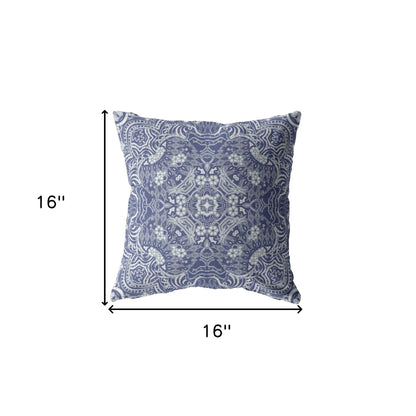 16” Indigo White Boho Ornate Indoor Outdoor Throw Pillow