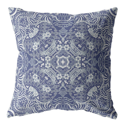 18” Indigo White Boho Ornate Indoor Outdoor Throw Pillow