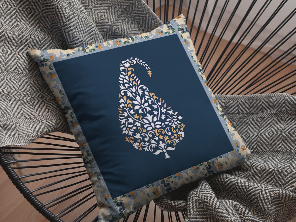 16” Orange Navy Paisley Indoor Outdoor Throw Pillow