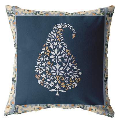 18” Orange Navy Paisley Indoor Outdoor Throw Pillow