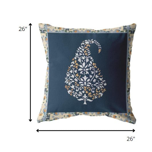 18” Orange Navy Paisley Indoor Outdoor Throw Pillow