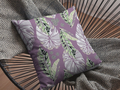 16” White Purple Tropical Leaf Indoor Outdoor Throw Pillow