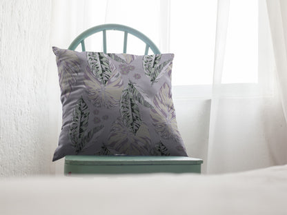 18” Gray Purple Tropical Leaf Indoor Outdoor Throw Pillow