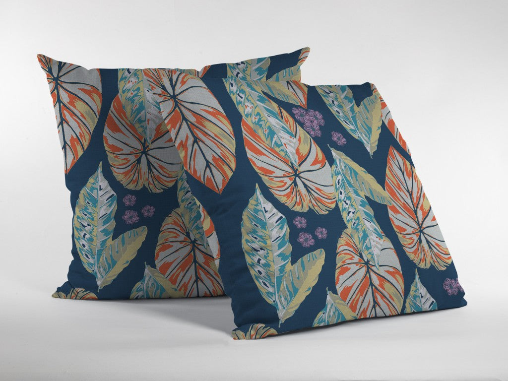 16” Orange Blue Tropical Leaf Indoor Outdoor Throw Pillow