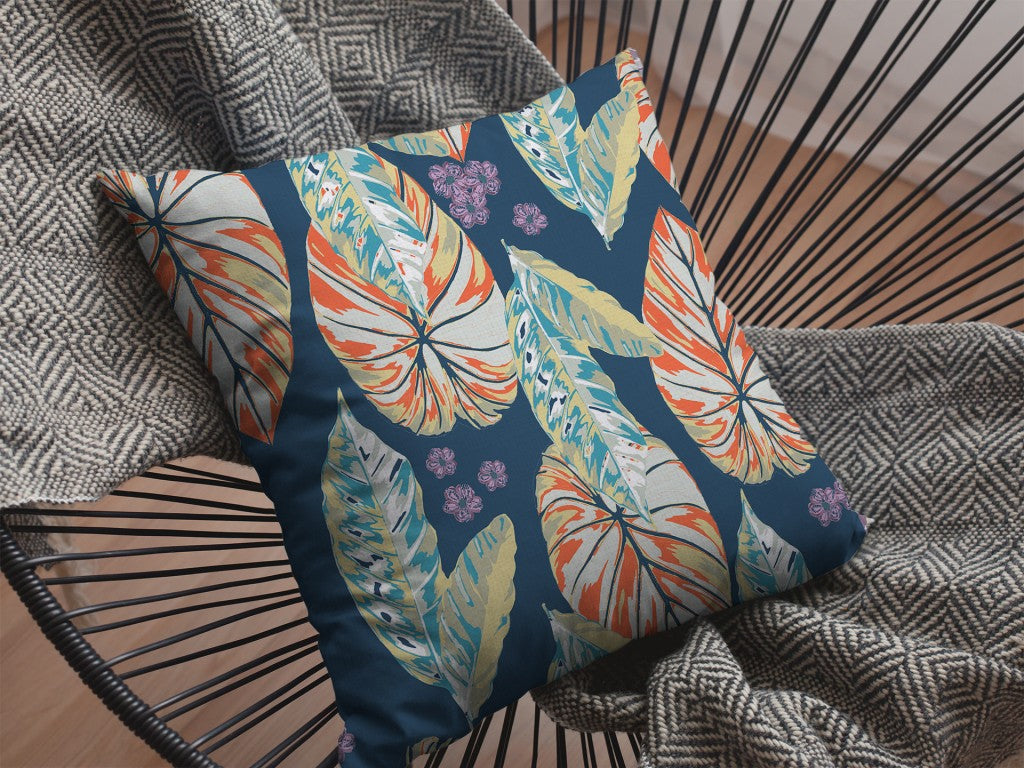 16” Orange Blue Tropical Leaf Indoor Outdoor Throw Pillow