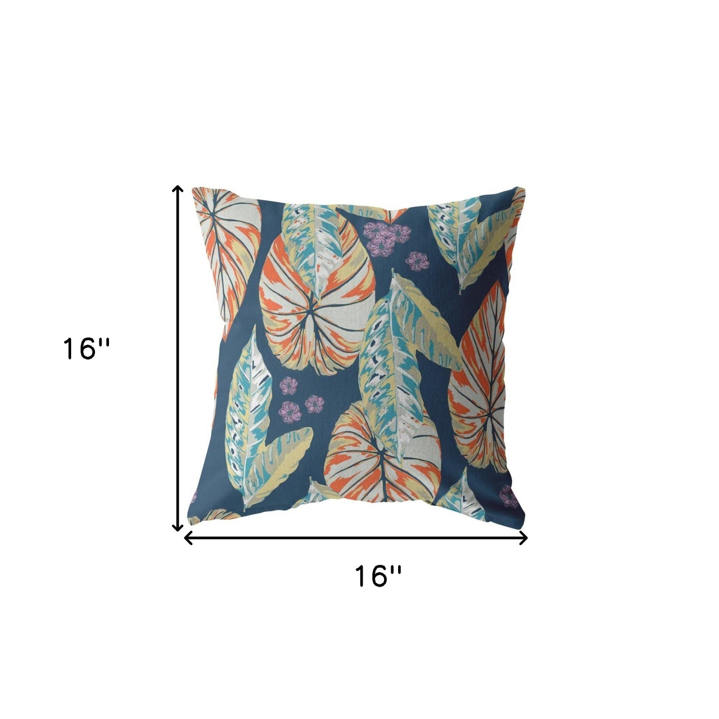 16” Orange Blue Tropical Leaf Indoor Outdoor Throw Pillow