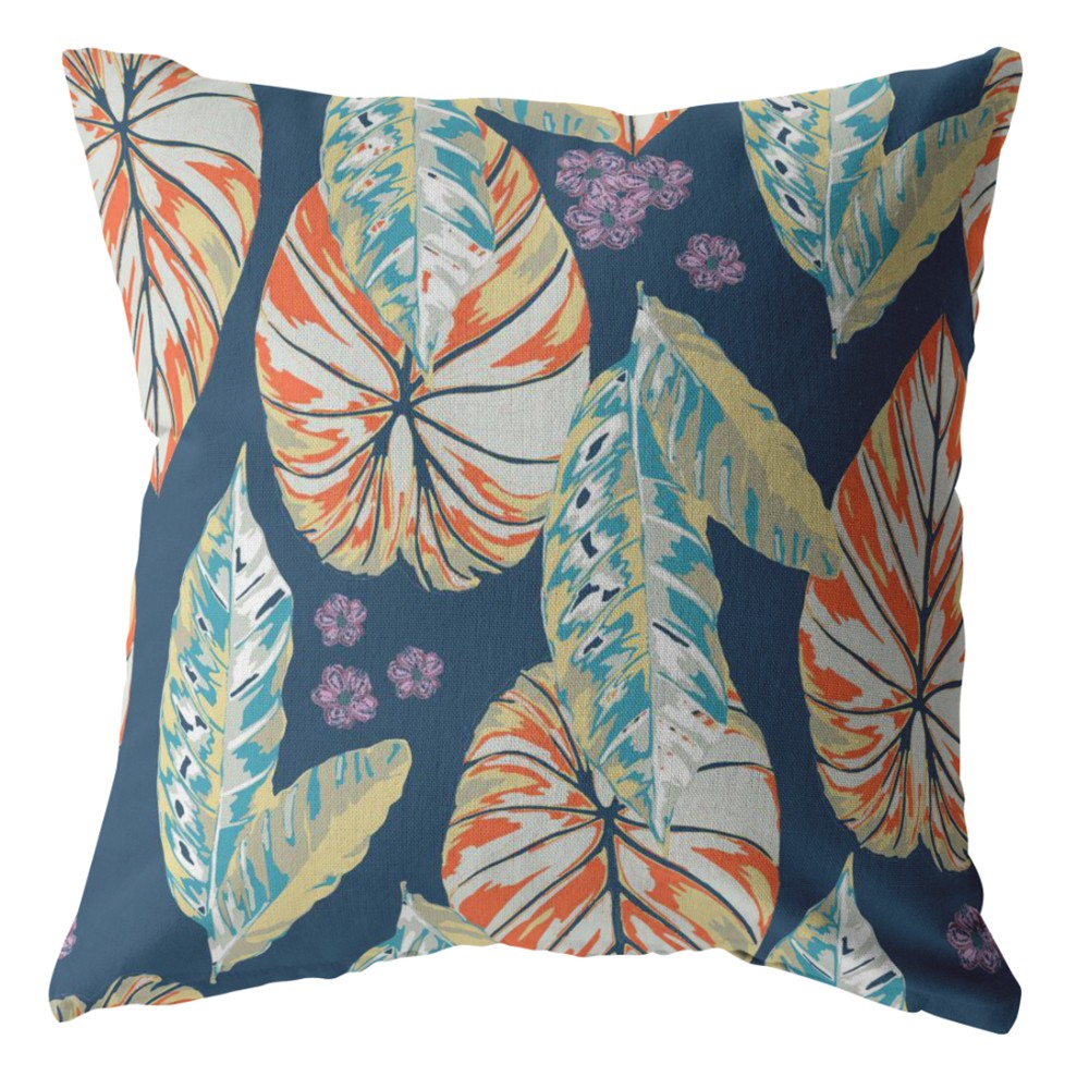 18” Orange Blue Tropical Leaf Indoor Outdoor Throw Pillow