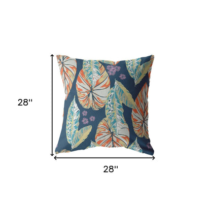 18” Orange Blue Tropical Leaf Indoor Outdoor Throw Pillow