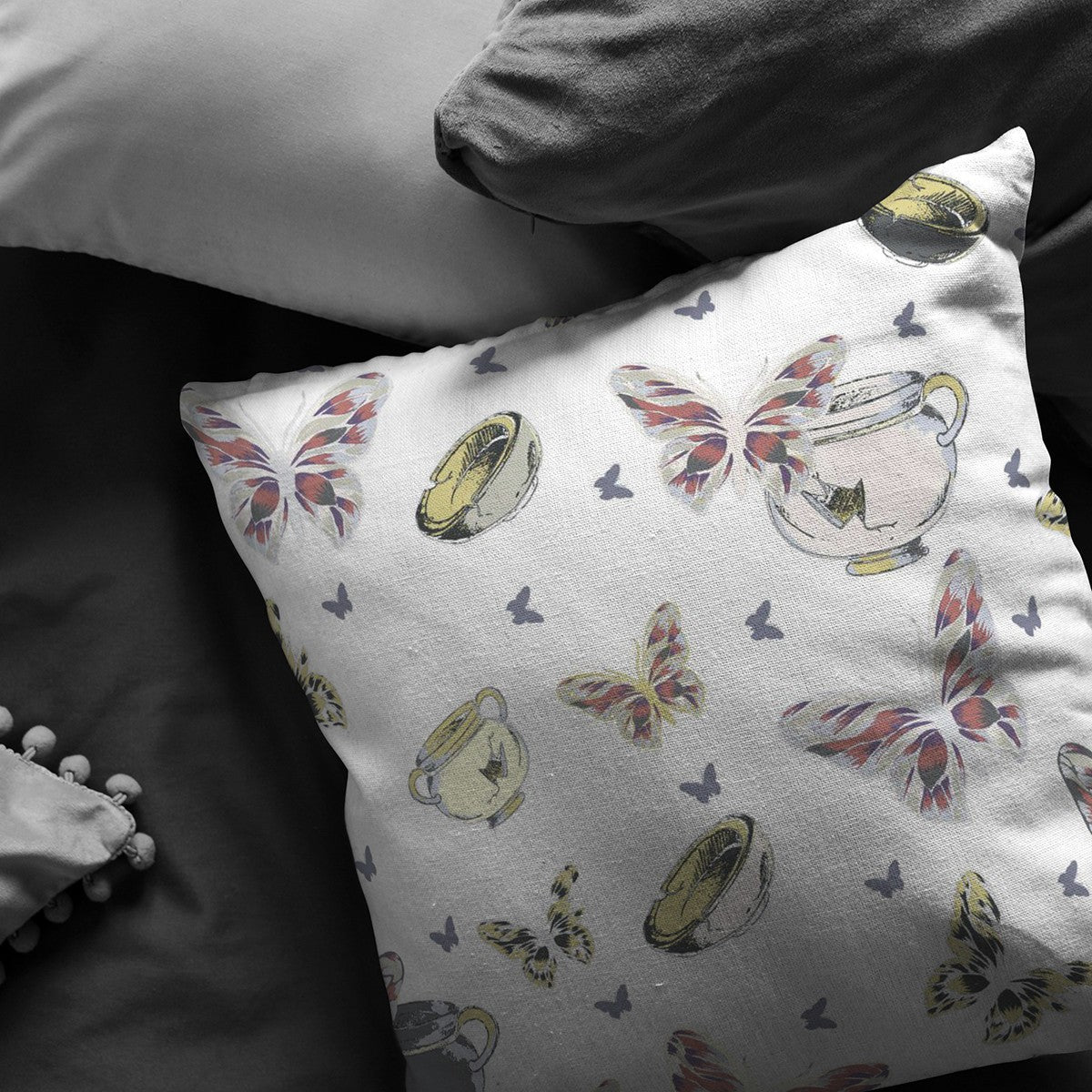 16" White Butterflies Indoor Outdoor Zippered Throw Pillow