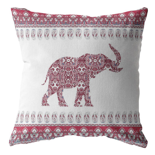 16” Red White Ornate Elephant Indoor Outdoor Zippered Throw Pillow