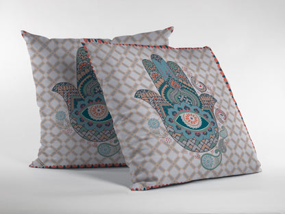 18” Blue Gray Hamsa Indoor Outdoor Zippered Throw Pillow